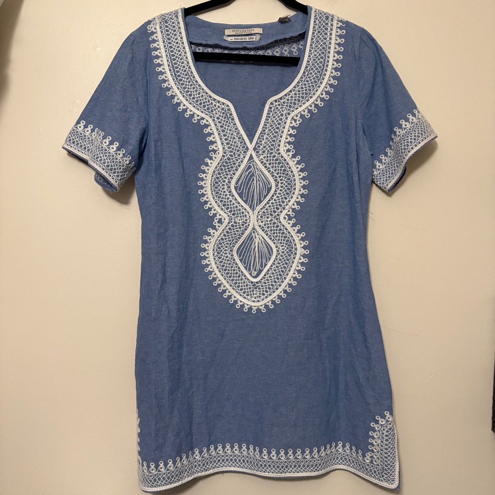 Scotch & Soda Maison Scotch Blue Embroidered Cotton Tunic‎ Dress 3 / Medium